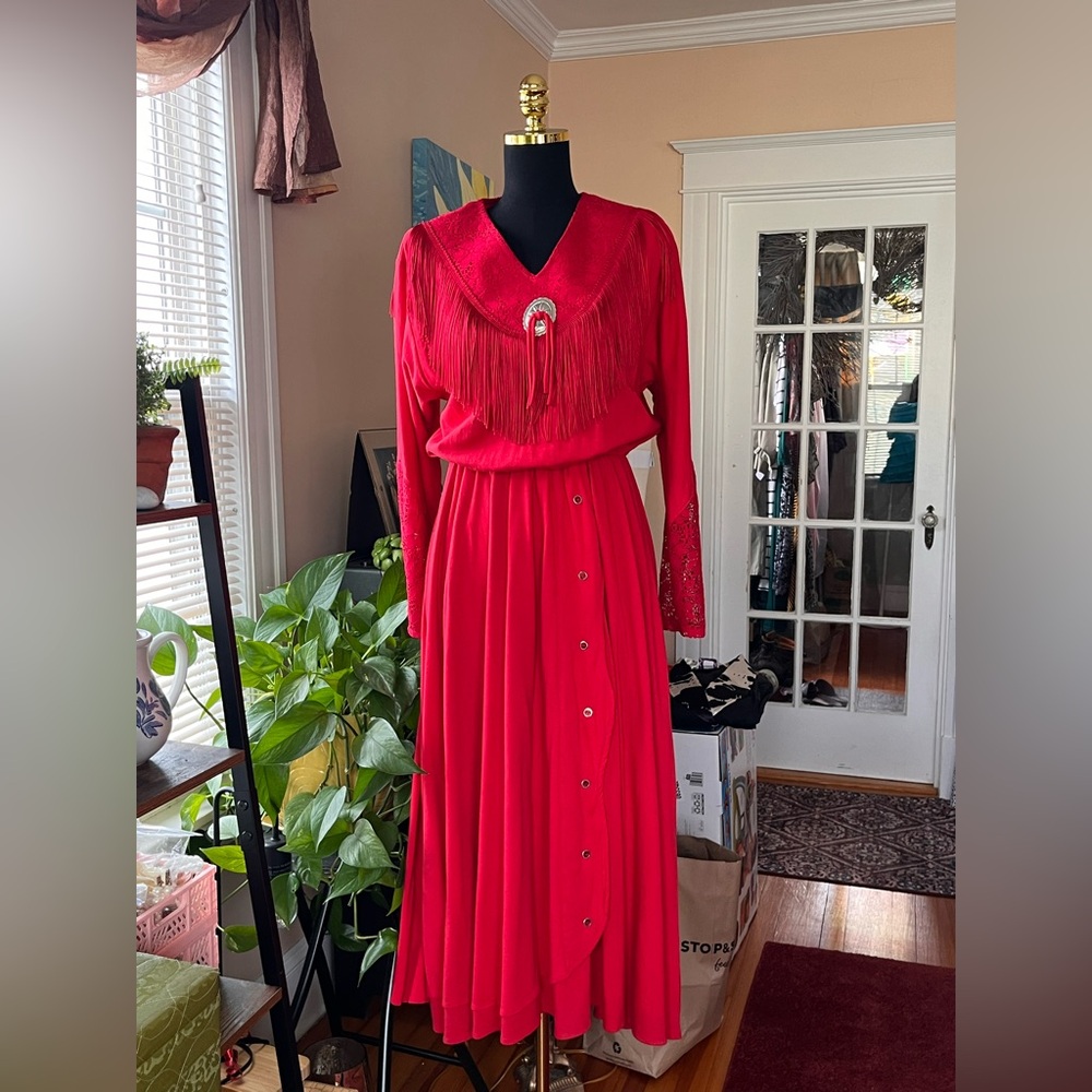 Sas’sa Red Fringe V-Neck Western Style  Maxi Dress